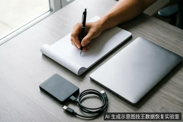 画面展示了一只手正使用黑色签字笔在白色记事本上记录信息，旁边桌面上放置着一台闭合的银色笔记本电脑以及一个连接着数据线的黑色移动硬盘。