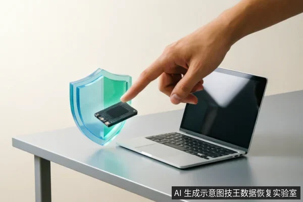 一只手指向悬浮在笔记本电脑旁的透明蓝色盾牌,盾牌前方有一块硬盘芯片。画面通过盾牌象征防护,寓意在数据恢复过程中对硬件进行安全隔离与保护,防止二次损坏。
