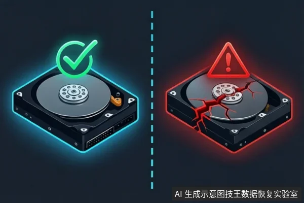 深色背景中左右并列两块打开外壳的机械硬盘，中间有蓝色虚线分隔。左侧硬盘上方有绿色对勾，右侧硬盘盘片有裂纹且上方有红色警告标志。