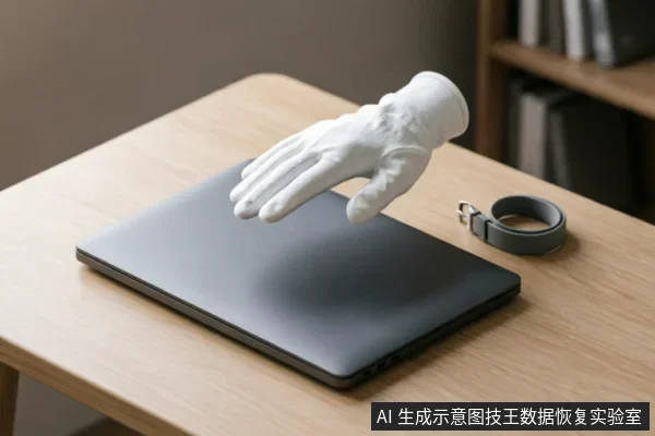 一只白色的石膏手模型悬停在闭合的深灰色笔记本电脑上方，旁边桌面上放着一个灰色的智能手环。背景为模糊的书架，画面呈现超现实风格，无屏幕文字或操作细节。