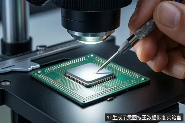 A hand uses a precision tool on a chip on a green PCB under a microscope.