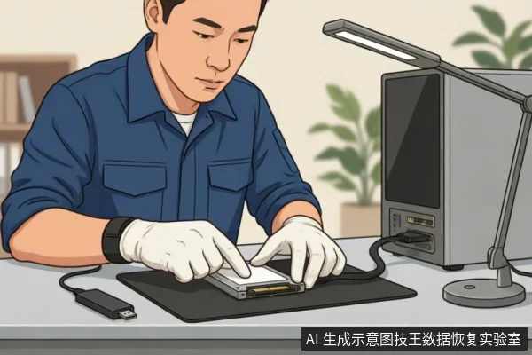 一名身穿蓝色工装、佩戴白色防静电手套的技术人员,正将一块3.5英寸机械硬盘通过USB转接盒连接至台式电脑主机。桌面配有防静电气垫和台灯,展示了专业数据恢复环境下的硬件连接与检测操作。