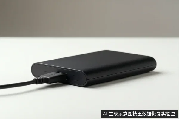 白色桌面上放置一个黑色长方形移动硬盘,一端插入USB数据线,背景为浅灰色。