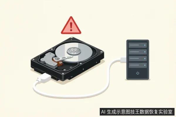 一张插画展示了一个打开外壳的机械硬盘通过白色数据线连接到一个多盘位的外部存储设备。硬盘上方悬浮着一个红色的三角形警告标志，示意硬件故障或异常状态。