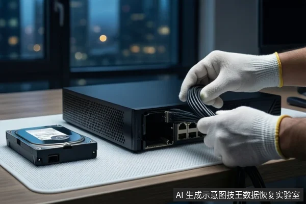Gloved hands plug a cable into a black storage unit next to a hard drive on a desk.