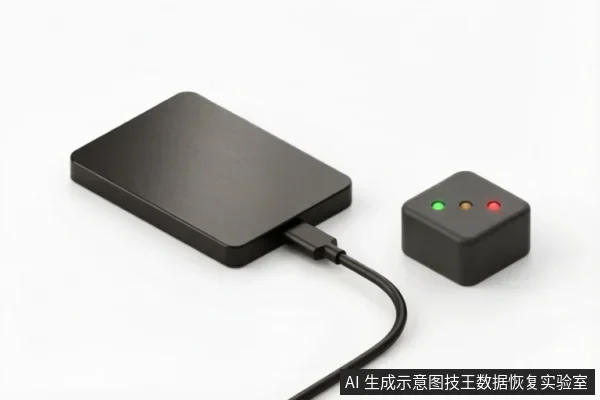 图中展示了一个黑色矩形固态硬盘通过数据线连接至一个带有红绿指示灯的黑色方形读取设备,示意专业数据恢复机构对原盘进行只读镜像备份或检测的过程。