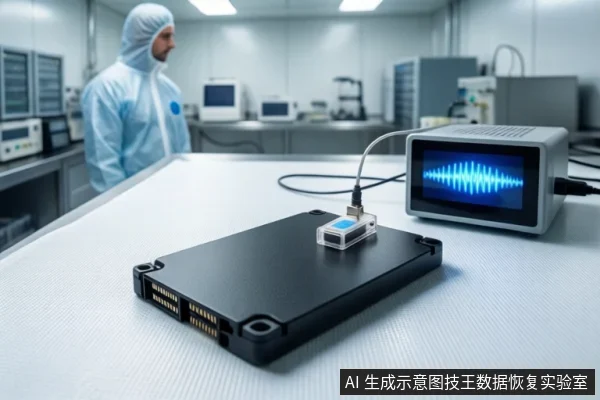 洁净室白色桌面上,前景平放一块黑色机械硬盘,上方连接一个小型传感器模块,右侧有一台显示蓝色波形图的检测仪。背景中一名穿无尘服的技术人员站在设备旁。