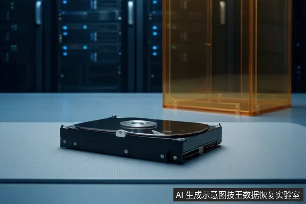 一张裸露的机械硬盘平放在浅色桌面上，背景是模糊的服务器机柜和一个橙色透明容器。