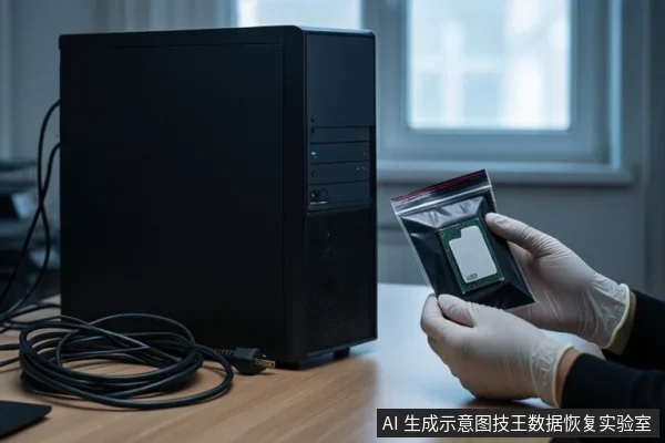 木质桌面上,左侧是一台黑色台式主机和盘绕的电源线。右侧一双戴白色手套的手正握持一个防静电袋,袋内装有一块固态硬盘。背景可见模糊的窗户。
