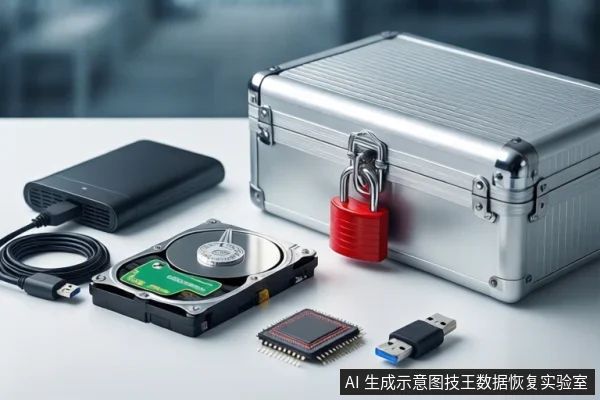 白色桌面上,左侧放置黑色移动硬盘和盘绕的USB线缆,中间平放一块打开外壳的机械硬盘,右侧为挂有红色挂锁的银色金属防震箱,前景散落一块芯片和USB闪存盘。