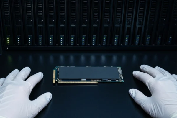 Gloved hands frame a black M.2 SSD on a dark surface with a server rack in the background.