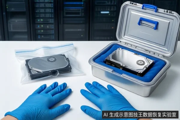 白色桌面上,前景一双戴蓝色手套的手平放。左侧透明袋内装有一块机械硬盘,右侧打开的银色金属防震箱内蓝色垫子上平放另一块机械硬盘。背景为模糊的服务器机柜。