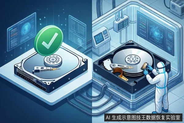 画面分为左右两部分。左侧蓝色背景中,一块打开外壳的机械硬盘上方悬浮一个绿色对勾图标,背景有模糊的屏幕界面。右侧洁净室环境中,一名穿白色无尘服的技术人员正手持工具,对打开外壳的机械硬盘盘片进行擦拭操作。