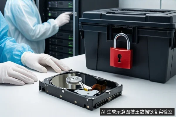 洁净室白色桌面上,前景平放一块打开外壳的机械硬盘,露出盘片与磁头组件。右侧黑色防震箱挂有红色挂锁。前景一双戴白手套的手平放在桌边,背景中一名穿无尘服的技术人员正在操作服务器机柜。
