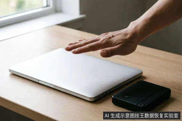 木质桌面上放置着一台闭合的银色笔记本电脑和一个黑色外接移动硬盘。一只手悬停在笔记本上方，掌心向下，呈现出停止或拒绝接触的姿态，示意在数据恢复初期应停止写入操作。