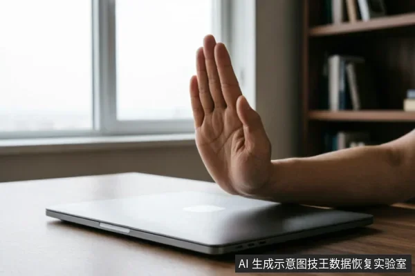 一只手掌在闭合的笔记本电脑前做出明确的停止手势，示意拒绝操作。背景为模糊的窗户与书架，营造出办公环境氛围。画面直观传达了在面对数据加密丢失或系统异常时，应立即停止通电、禁止写入及避免盲目操作的紧急保护原则。