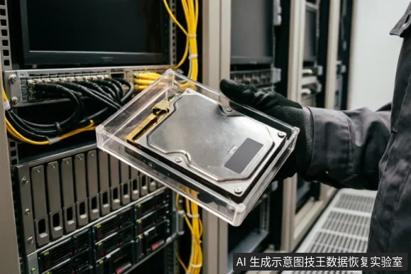 一名身穿深色工作服、佩戴黑色防静电手套的技术人员，在布满线缆和服务器设备的机房环境中，双手托举着一个装有机械硬盘的透明防尘盒。
