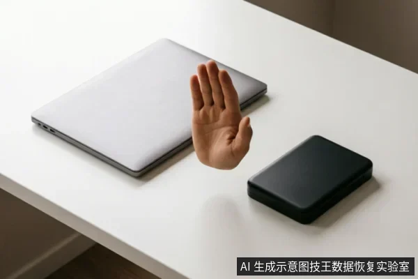 白色桌面上放置着一台闭合的银色笔记本电脑和一个黑色移动硬盘盒。画面中央悬浮着一只张开的手掌,做出明显的停止或拒绝手势,示意在连接设备前需暂停操作。