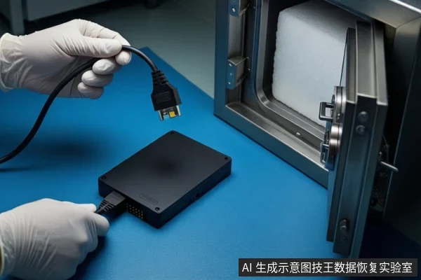 蓝色防静电垫上平放一个黑色移动硬盘,左侧一只戴白色手套的手正握持黑色线缆插头悬停在硬盘上方,另一只手扶在线缆上。右侧是一个打开的灰色防震箱,内部铺有白色泡沫垫。