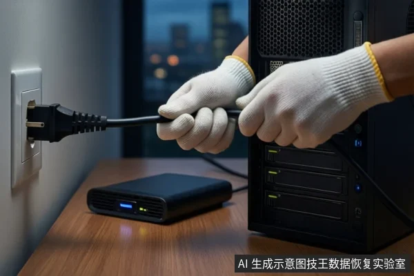 木质桌面上,戴白手套的双手正将黑色电源线插头从墙壁插座中拔出。右侧竖立一台黑色塔式主机,前景平放一个黑色外接硬盘盒,背景为模糊的城市夜景。