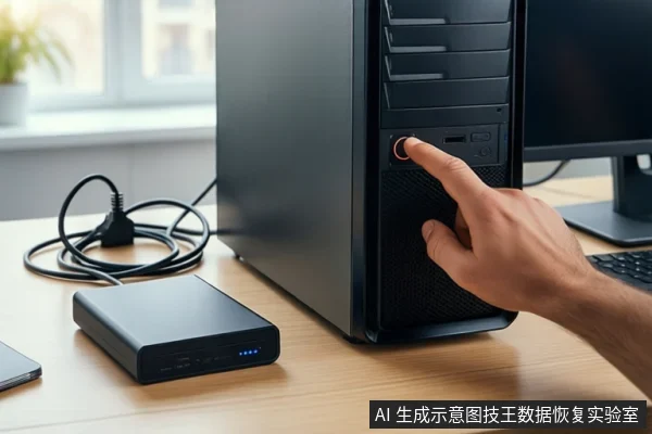 木质桌面上放置一台黑色立式台式主机,左侧有一个黑色移动硬盘和盘绕的黑色电源线。右侧一只未戴手套的手正伸出食指按压主机前部的电源按钮。背景是模糊的窗户和绿植。