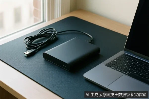 黑色移动硬盘通过USB线连接至笔记本电脑，放置在深色桌垫上，旁边有窗户。