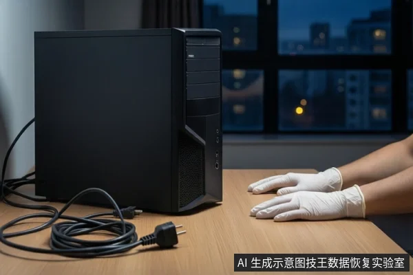 木质桌面上放置一台黑色台式主机和盘绕的黑色电源线,右侧一双戴白色手套的手平放在桌面上,背景为模糊的窗户和城市夜景。