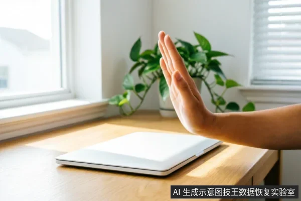 一只手掌在闭合的白色笔记本电脑前做出明确的“停止”手势,示意拒绝操作。背景为明亮的木质桌面和绿色植物,通过肢体语言传达出紧急制动、禁止通电或盲目扫描的警示含义。