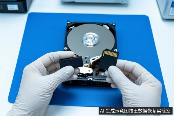 蓝色防静电垫上平放一块打开外壳的机械硬盘,可见金属盘片与主轴电机。一双戴白手套的手正握持一个黑色小配件,将其悬停在硬盘磁头组件上方。