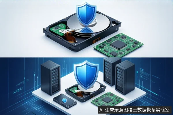 上下分屏示意图:上方为打开外壳的机械硬盘和绿色电路板,上方悬浮蓝色盾牌;下方为蓝色科技背景,白色台面上陈列机械硬盘、电路板、黑色硬盘盒和服务器机箱,中央有蓝色盾牌。