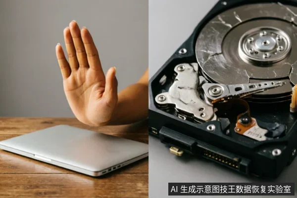左侧画面展示一只手在闭合的笔记本电脑前做出停止手势,象征紧急断电与禁止操作;右侧特写展示内部盘片出现严重划痕与裂纹的损坏机械硬盘。直观呈现了硬盘物理故障时的危险状态及用户应立即止损的核心原则。