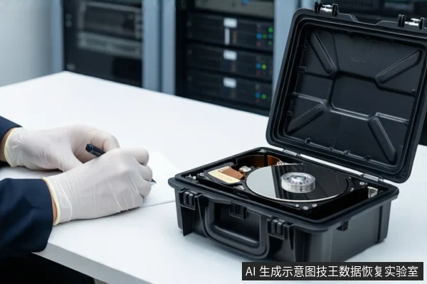 白色桌面上,左侧一双戴白色手套的手正持笔在纸上记录,右侧一个打开的黑色防震箱内固定着一块打开外壳的机械硬盘,背景为模糊的服务器机柜。