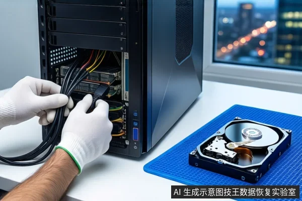 白色桌面上，左侧竖立一台黑色塔式主机，前景一双戴白手套的手正在插拔主机背部的黑色线缆。右侧蓝色防静电垫上平放一块打开外壳的机械硬盘。背景为模糊的窗户和城市夜景。