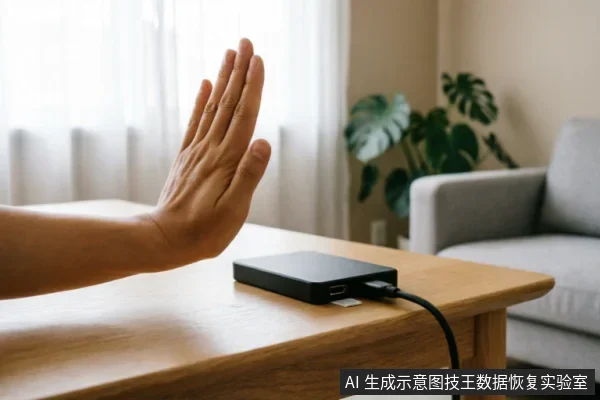 一只手掌在木质桌面上做出明显的停止手势,挡在连接着数据线的黑色移动硬盘前方,示意立即停止操作或禁止插拔。