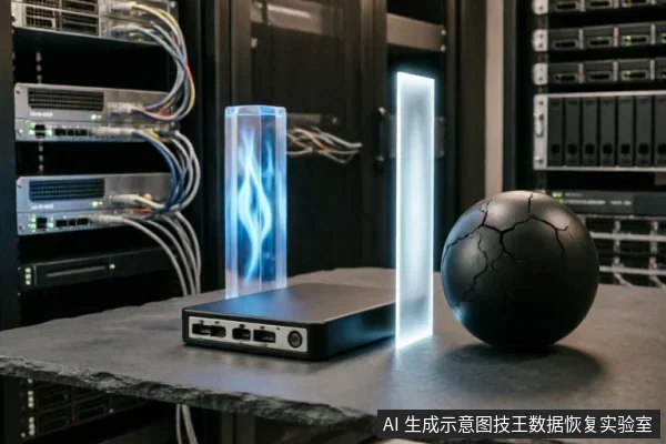 服务器机房背景前的石桌上放置着一个黑色硬盘外接盒,旁边竖立着发光的蓝色全息柱与白色光板,右侧摆放着一个表面布满裂纹的黑色球体。