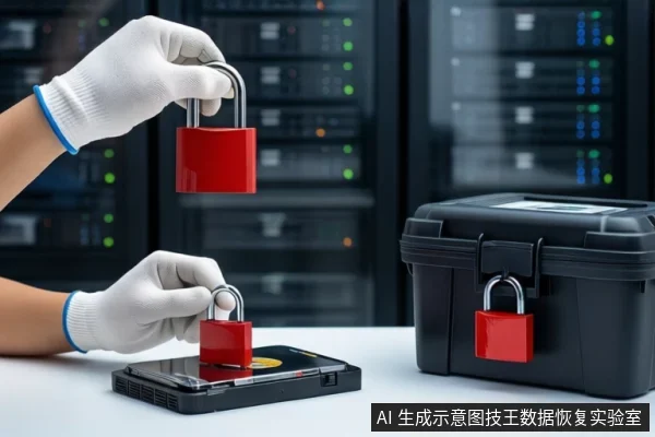 白色桌面上，前景一双戴白手套的手持两把红色挂锁，一把悬停在打开外壳的机械硬盘上方，另一把挂在右侧闭合的黑色防震箱上。背景为模糊的服务器机柜。