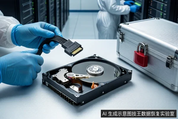 洁净室白色桌面上,戴蓝色手套的双手正持握一根黑色SATA数据线插头,下方平放一块打开外壳的机械硬盘,右侧为挂有红色挂锁的银色金属防震箱,背景为模糊的服务器机柜和一名穿无尘服的技术人员。