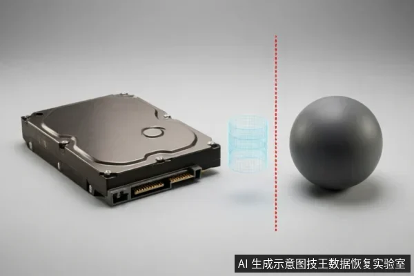 画面左侧放置一块机械硬盘，右侧为一个深灰色球体，中间由红色虚线分隔。两者之间悬浮着一个淡蓝色半透明圆柱体网格，象征被标记为可用但尚未被覆盖的原始数据空间。