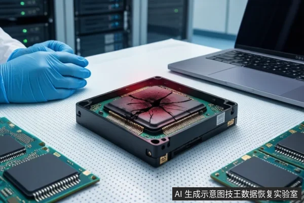 白色防静电工作台上,中间平放一块打开外壳的固态硬盘,主控芯片上方有红色裂纹光效。左侧一双戴蓝色手套的手平放,右侧有一台打开的银色笔记本电脑,背景为模糊的服务器机柜。