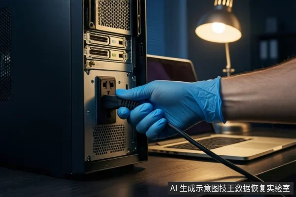 深色桌面上,一只戴蓝色手套的手正将黑色电源线插头插入立式电脑机箱背面的电源插座,背景有一台笔记本电脑和台灯。