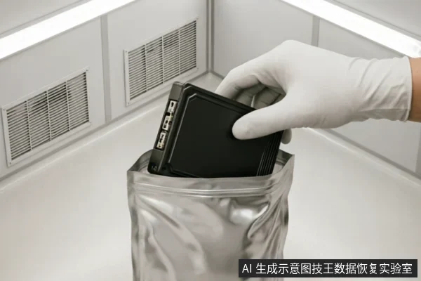 一只戴着白色防护手套的手正将一块黑色硬盘放入银色防静电屏蔽袋中。背景为带有通风口的洁净室环境,展示了专业数据恢复机构对故障存储设备进行规范封装与保护的操作场景。