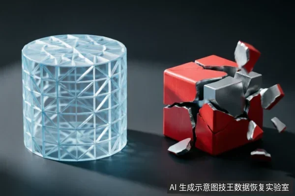 画面左侧为一个结构完整、表面带有网格纹理的透明圆柱体,右侧为一个正在崩裂破碎的红色立方体,碎片向外飞溅。该图通过完好与破碎物体的对比,直观示意存储介质在遭受物理冲击或逻辑破坏后的状态差异。
