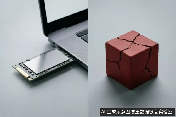 左侧展示一块M.2固态硬盘正插入笔记本电脑接口，右侧为一个表面布满裂纹的红色立方体。图像通过硬件安装与破损物体的并置，直观示意硬盘加装后的连接状态及可能面临的物理损伤或故障风险。
