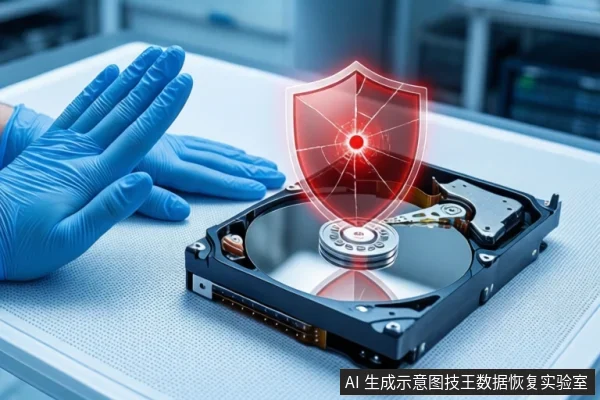 白色防静电工作台上,一只戴蓝色手套的手掌悬停在打开外壳的机械硬盘旁,盘片上方悬浮红色盾牌图标。