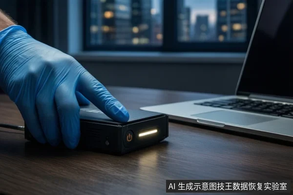 深色木桌上,一只戴蓝色手套的手正按压一个黑色外接硬盘盒的电源按钮,硬盘盒亮着橙色指示灯。右侧是一台打开的银色笔记本电脑,背景为模糊的城市夜景窗户。