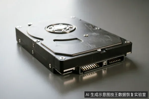 一块完整的3.5英寸机械硬盘放置在光滑的灰色反光平面上,呈闭合状态。画面清晰展示了硬盘的金属顶盖、固定螺丝以及侧面的SATA数据与电源接口,无外壳拆解或内部盘片暴露。