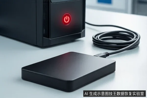 白色桌面上平放一块黑色移动硬盘,连接着一根盘绕的黑色USB线缆。背景左侧是一台亮着红色电源按钮的黑色台式主机。画面中没有人员操作。