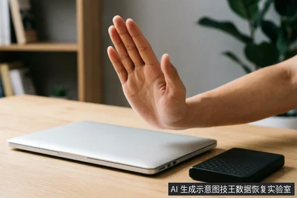 一只手掌在闭合的银色笔记本电脑和黑色外接硬盘前做出明显的“停止”手势，示意用户立即中断操作。画面直观传达了在存储设备出现异常时，应优先采取止损措施、保持只读状态并避免进一步通电或写入数据的紧急原则。