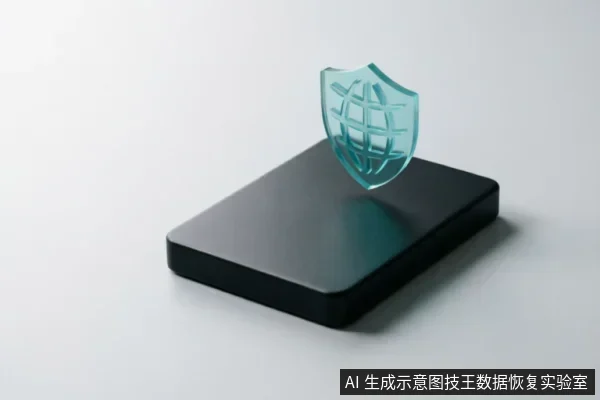 一个黑色矩形存储设备平放于白色背景上,其上方悬浮着一个半透明的青蓝色盾牌图标,盾牌表面带有网格状纹理,象征数据安全防护。