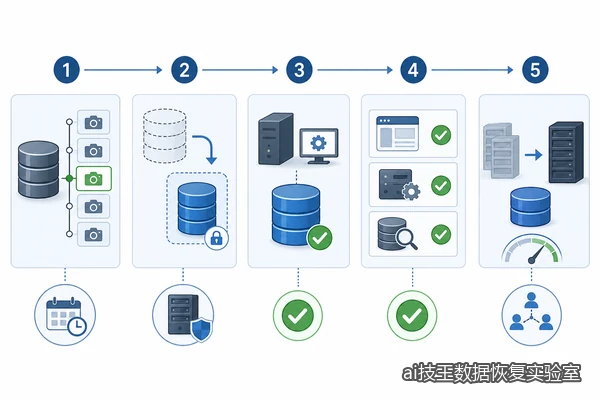 Recovery workflow from restore point selection through integrity and application validation